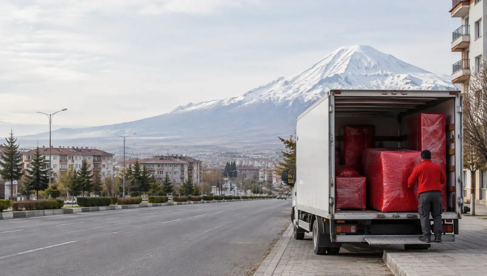 Ağrı'da şehir bulvarı ve Ağrı Dağı silueti; yapay zekâ ile oluşturulmuş görsel